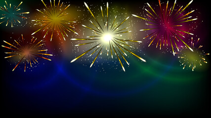 Bright festive fireworks on a dark background. Background for new year party. Shining fireworks with colored rings