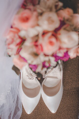 bridal bouquet and shoes, wedding concept