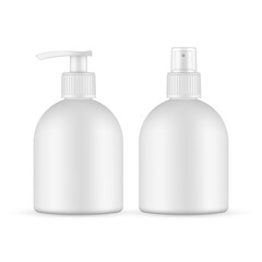 Antibacterial hand sanitizers mockup isolated on white background. Bottle with pump and with sprayer. Vector illustration