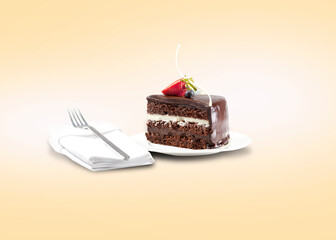 Chocolate cake. A slice of Black Forest decorated with strawberries and cheese garnish is served on a plate with a fork and napkin.