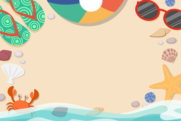 Top view of summer banner template decoration with objects on beach background.