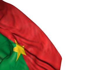 pretty Burkina Faso flag with large folds lying flat in bottom left corner isolated on white - any celebration flag 3d illustration.. - obrazy, fototapety, plakaty
