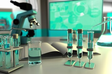 laboratory test tubes in biochemistry university facility - potable water quality test for bacteria concept, medical 3D illustration