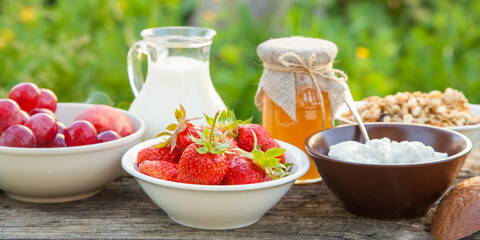 summer breakfast in a garden - cottage cheese, strawberry, muesli and milk. selective focus. style rustic