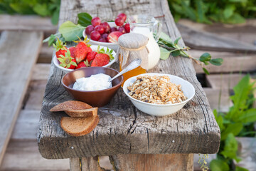 summer breakfast in a garden - cottage cheese, strawberry, muesli and milk. selective focus. style rustic
