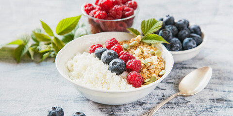 cottage cheese, muesli and fresh fruit for breakfast, selective focus
