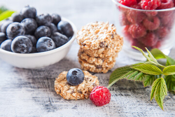 cottage cheese, muesli and fresh fruit for breakfast, selective focus