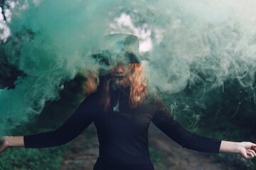 Portrait woman in black dress,witch day concept.