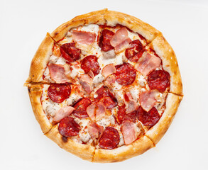 Pizza with ingredients on a white background top view