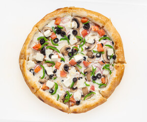 Pizza with ingredients on a white background top view