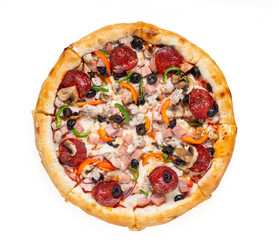 Pizza with ingredients on a white background top view
