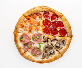 Pizza with ingredients on a white background top view