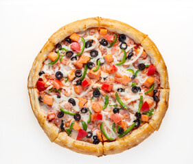 Pizza with ingredients on a white background top view