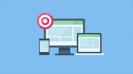 Responsive website showing on different devices. Targeting online audience with cross device marketing technology. 2d animation, 4k video clip.