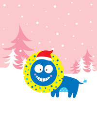cute lion merry christmas greeting card vector