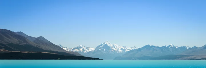 Photo sur Plexiglas Aoraki/Mount Cook Aoraki Mont Cook Nouvelle-Zélande Lac Pukaki. Montagne en Nouvelle-Zélande. Fond de bannière de paysage de panorama de lac de montagne.