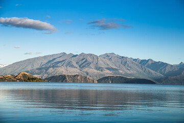 Lake Wanaka New Zealand Landscape. Mountains and lake landscape scenic view. Popular travel destination in South Island NZ.
