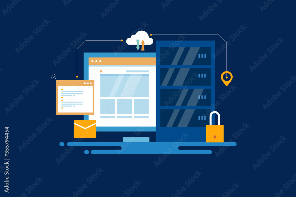 Aufkleber web hosting, data centre, cloud computing, server technology and online secure network connection co