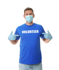 Male volunteer in mask and gloves on white background. Protective measures during coronavirus...