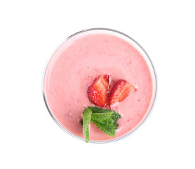 Tasty strawberry smoothie with mint in glass isolated on white, top view