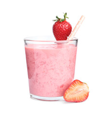 Tasty strawberry smoothie in glass isolated on white