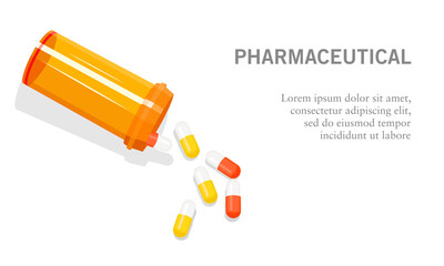 Vector illustration of a medicine bottle open with pills, capsules, and tablet medicine. Suitable for illustrations of pharmaceutical activities, chemical drugs, and healing therapies for diseases. 