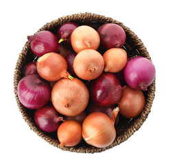 Basket full of onion bulbs isolated on white, top view