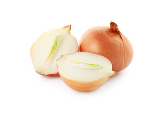 Whole and cut onion bulbs on white background