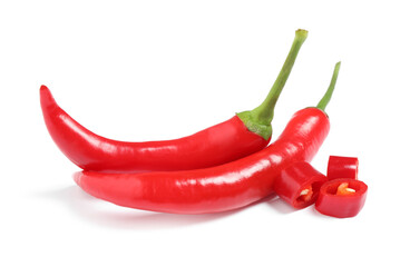 Ripe red hot chili peppers isolated on white