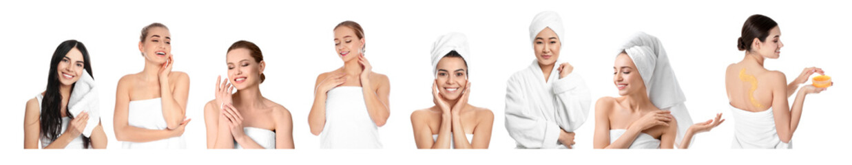 Beautiful women with towels on white background, collage. Banner design