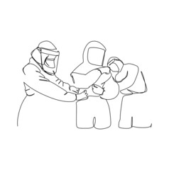 Medical team in protective suit helping their friend fixing the suit. Continuous single line illustration drawing vector