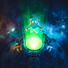 Portal to infinity / 3D illustration of science fiction scene with astronaut investigating alien artefact in outer space amid glowing colourful galaxies © grandeduc