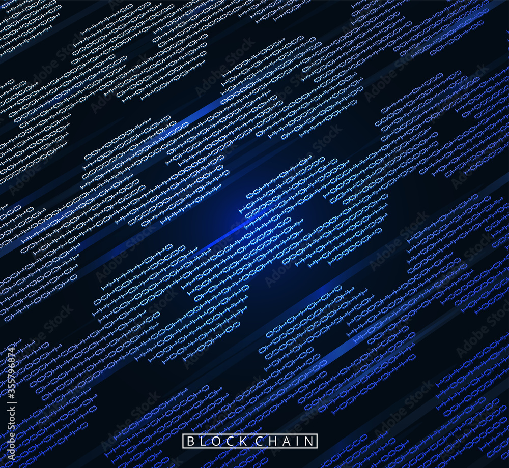  blockchain digital illuminated shape. chain shape in code matrix background. chain big data node bas
