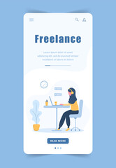 Woman freelance. Landing page template. Arabian girl in headphones with laptop sitting at a table. Mobile background. Concept illustration for studying, online education, work from home.