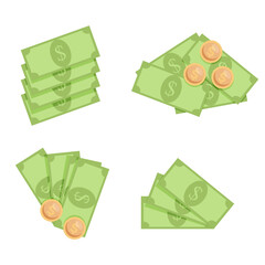 Cash money dollar, fan stack and pile with coins