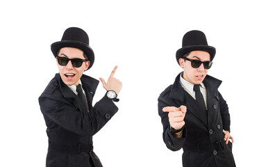Young detective in black coat isolated on white