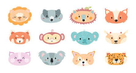 Cartoon cute animals for baby cards and invitations. Vector illustration of a lion, elephant, dog, badger, hedgehog, panda, antelope, pig, koala, leopard, fox.
