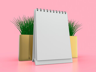 Desk blank calendar mockup on pink background. 3D illustration