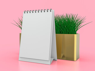 Desk blank calendar mockup on pink background. 3D illustration