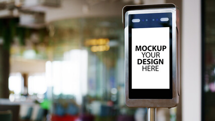 Mockup Your Design Here. Face recognition scanner or temperature machine before enter and exit Disease Coronavirus (COVID-19). Security Technology And information on finding people. Concept New Normal
