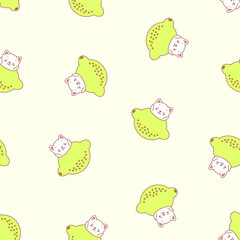 Lemon pattern. Illustration of cute white kittens with plums on a light yellow background. Vector 8 EPS.