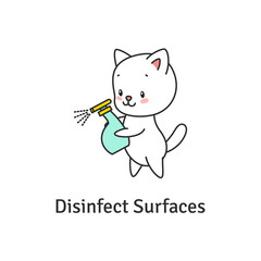 Disinfect Surfaces. Illustration of a white cat with cleaning spray in his paws. Virus prevention. Vector 8 EPS.