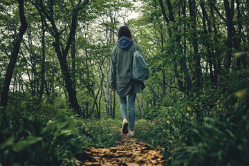 back view of a girl walking along a path through a gloomy mystical foggy forest. Walking and outdoor concept.