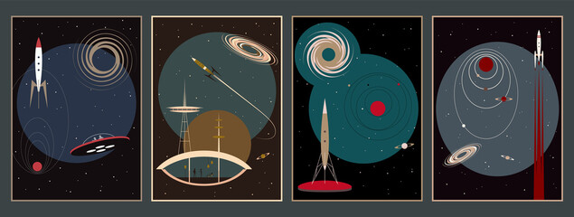 Space Poster Set, Mid Century Modern Art Retro Future Space Illustrations. Rockets, Stars, Planets © koyash07