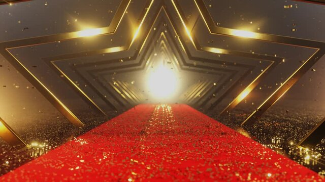 The camera moves along a corridor of gold stars and a red carpet strewn with gold confetti. The Golden confetti falls. 4K 3D loop animation