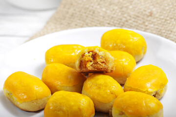 Stack of 'nastar', cookies that made from pineapple jam, shoot on white background