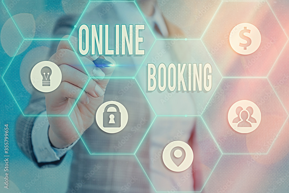 Poster writing note showing online booking. business concept for allows consumers to reserve for activity t