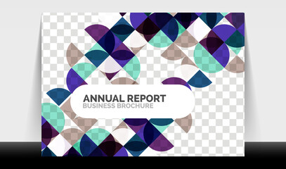 Obraz premium Horizontal A4 business flyer annual report template, circles and triangle style shapes modern geometric design for brochure layout, magazine or booklet