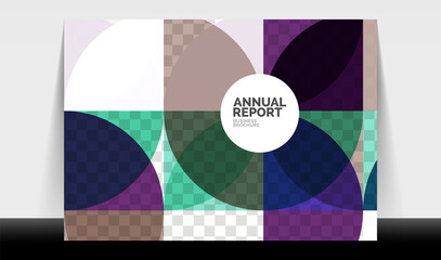 Horizontal A4 business flyer annual report template, circles and triangle style shapes modern geometric design for brochure layout, magazine or booklet