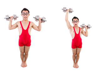 Funny guy with dumbbels on white